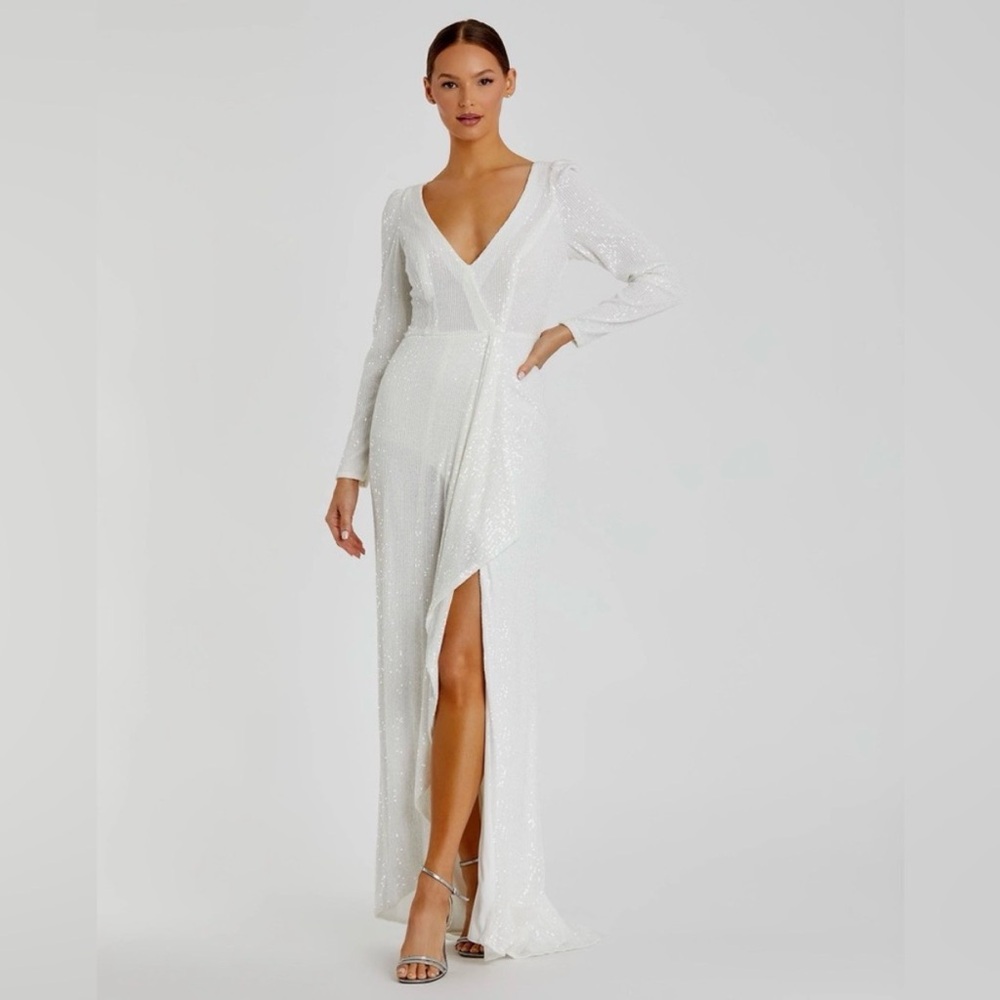 Mac Duggal Sparkling White Long Sleeve Gown